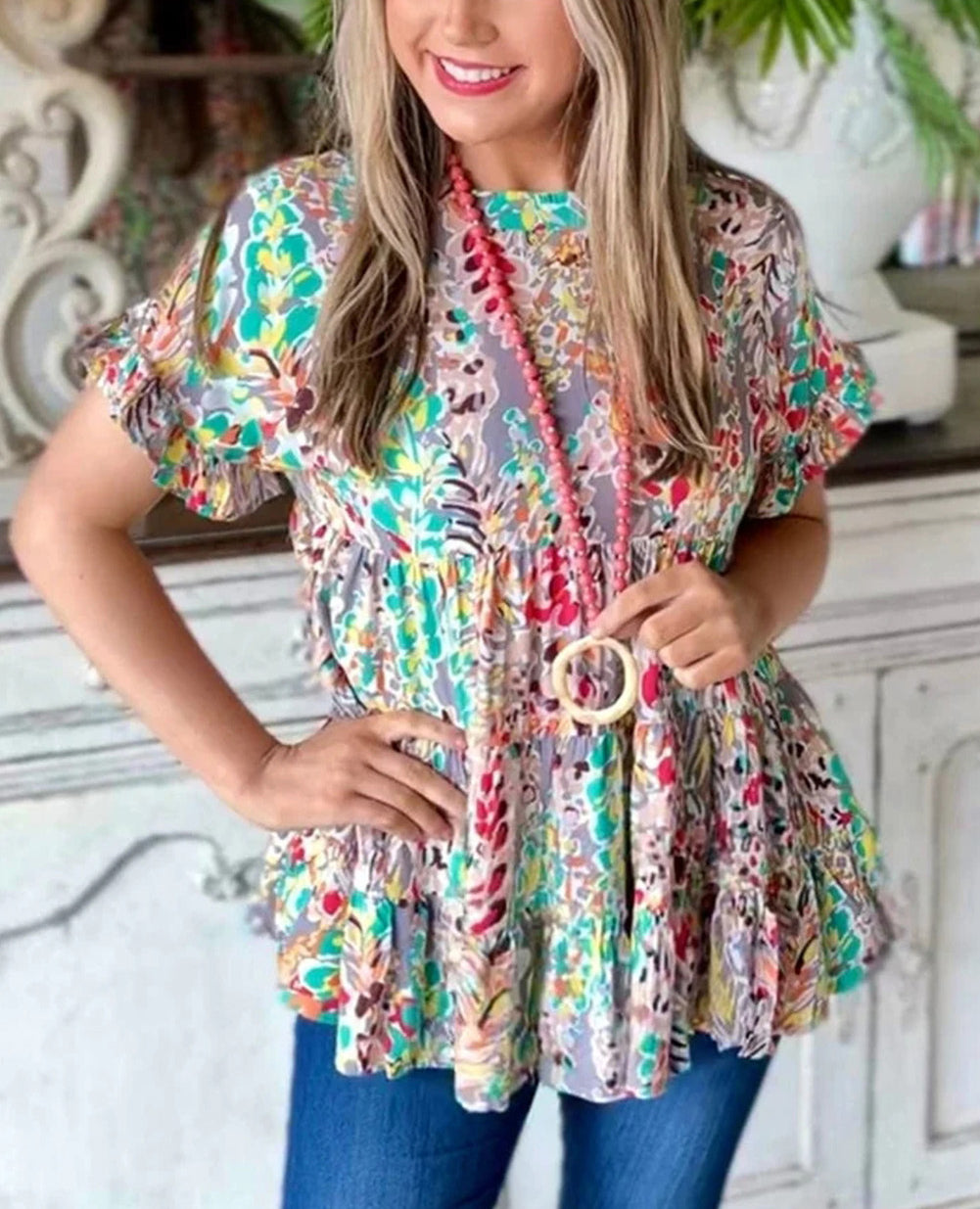 Floral Print Ruffle Sleeve Babydoll Top