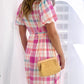 Checkered Puff Sleeve Belted Midi Dress