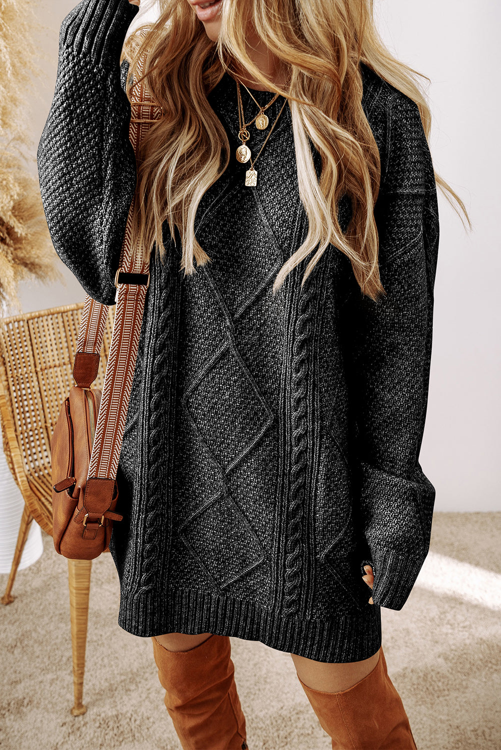 Knit Drop Shoulder Loose Fit Sweater Dress