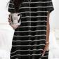 Black Striped Print Side Pockets Short Sleeve Tunic Top