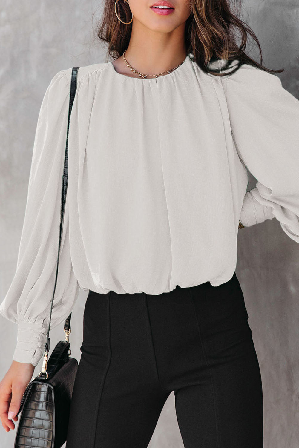 Padded Shoulder Buttoned Cuffs Pleated Loose Blouse