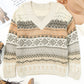 Geometric Print Ribbed Knitted V Neck Sweater