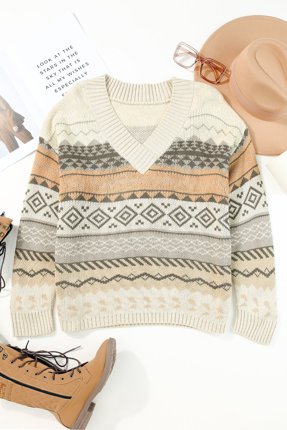 Geometric Print Ribbed Knitted V Neck Sweater