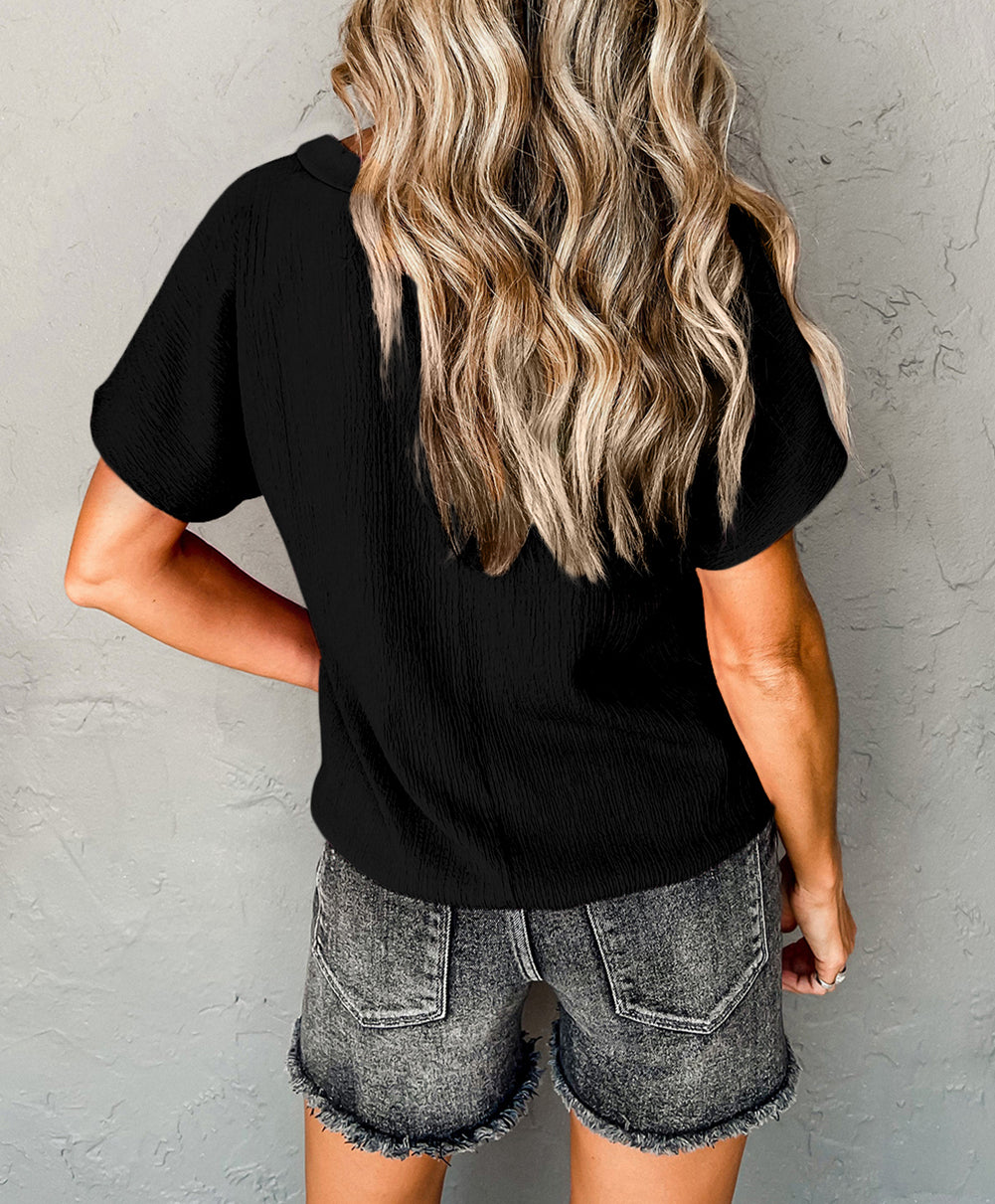 Crinkled Daisy Embroidered V Neck T Shirt