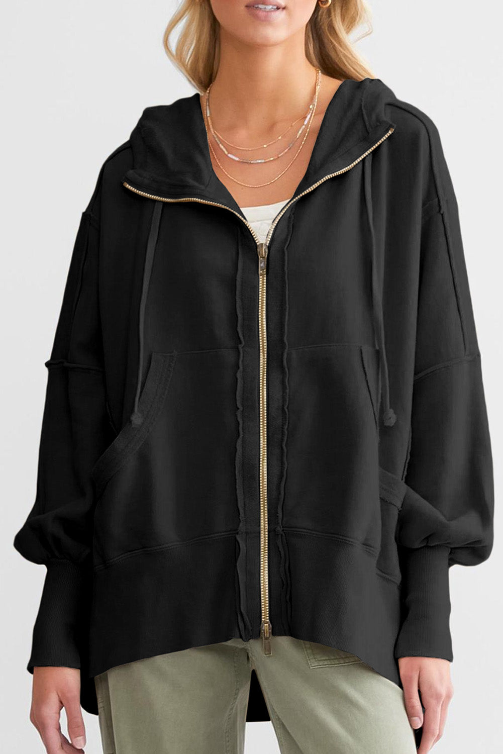 Raw Edge Exposed Seam Full Zip Hoodie