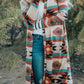 Geometric Color Block Open Front Long Cardigan