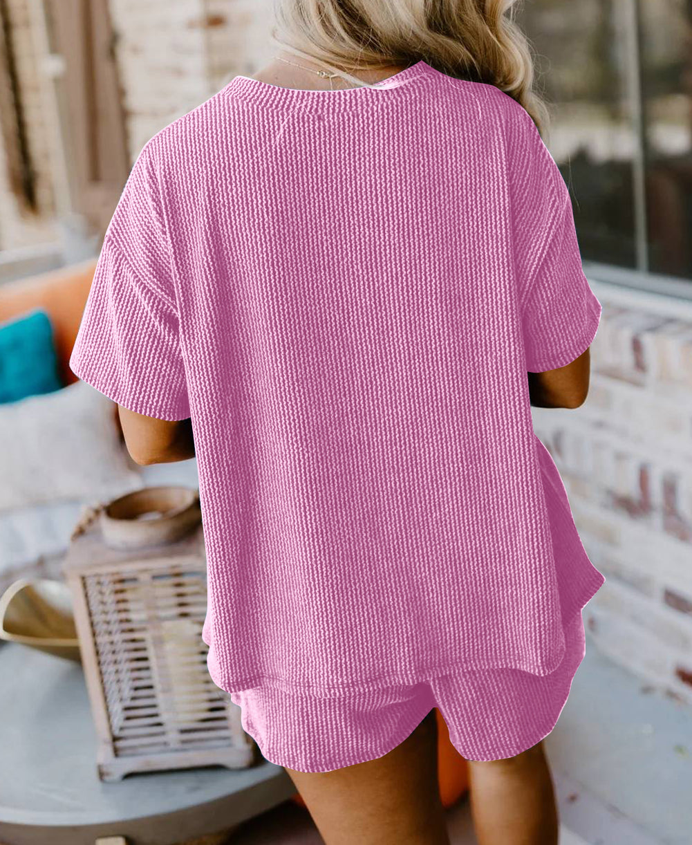 Ribbed Textured Knit Loose Fit Tee and Shorts Set