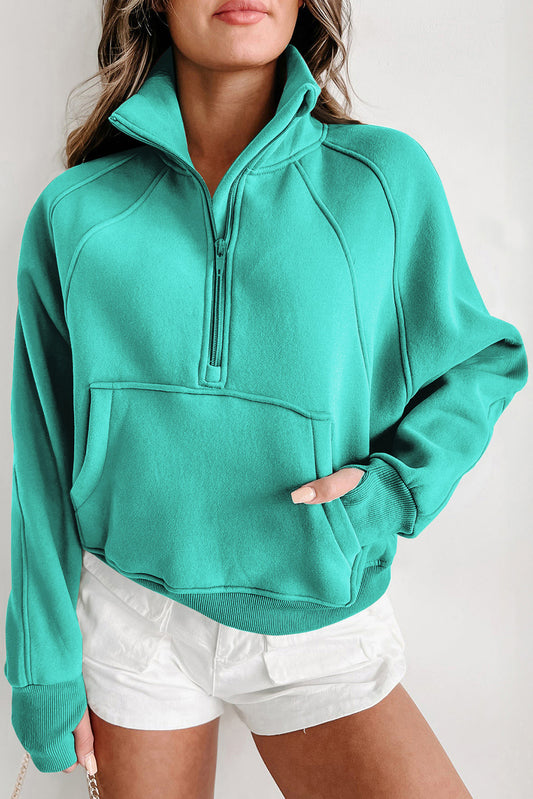 Zip Up Stand Collar Ribbed Thumbhole Sleeve Sweatshirt