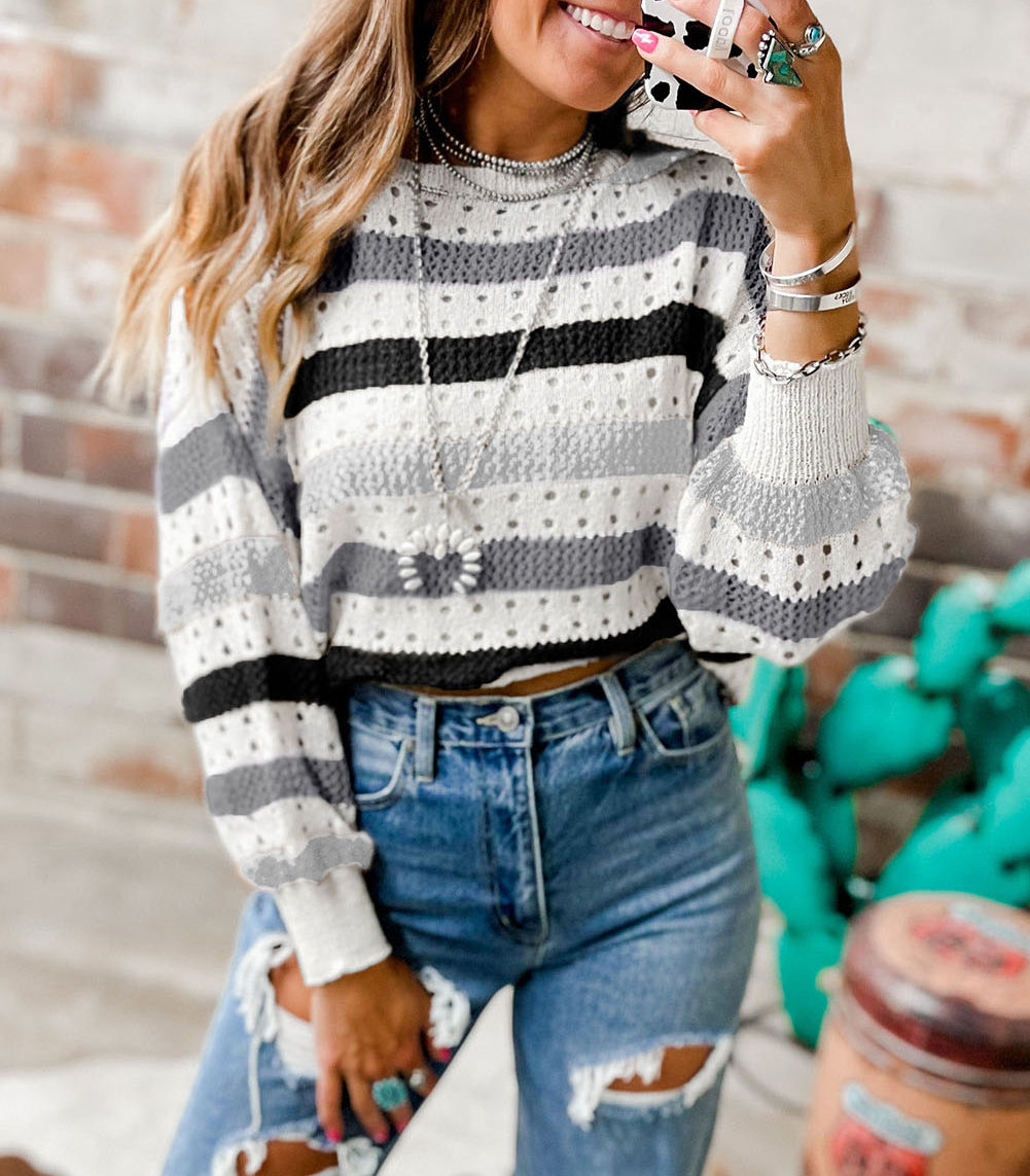 Striped Hollowed Knitted Loose Sweater