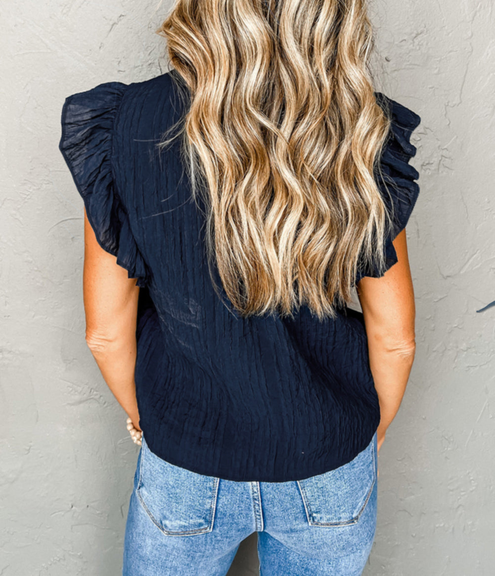 V Neck Flutter Sleeve Textured Blouse