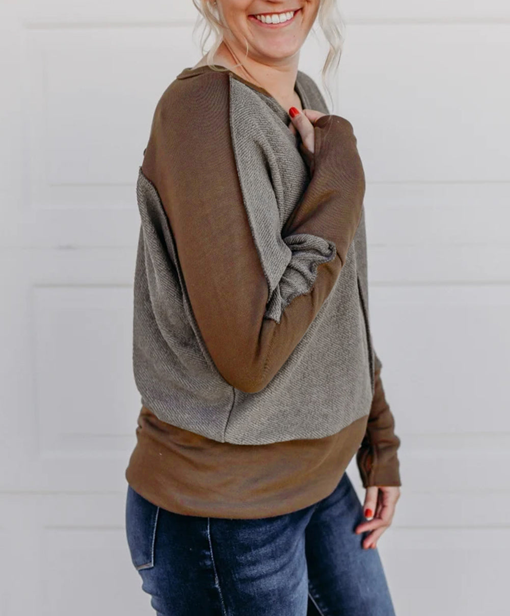 Contrast Patchwork Thumbhole Sleeve Top