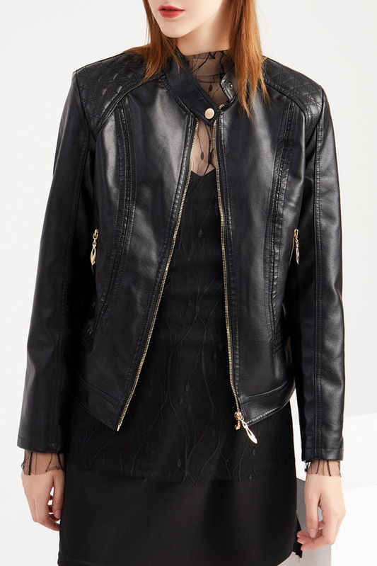 Quilted Detail Zip Leatherette Moto Jacket