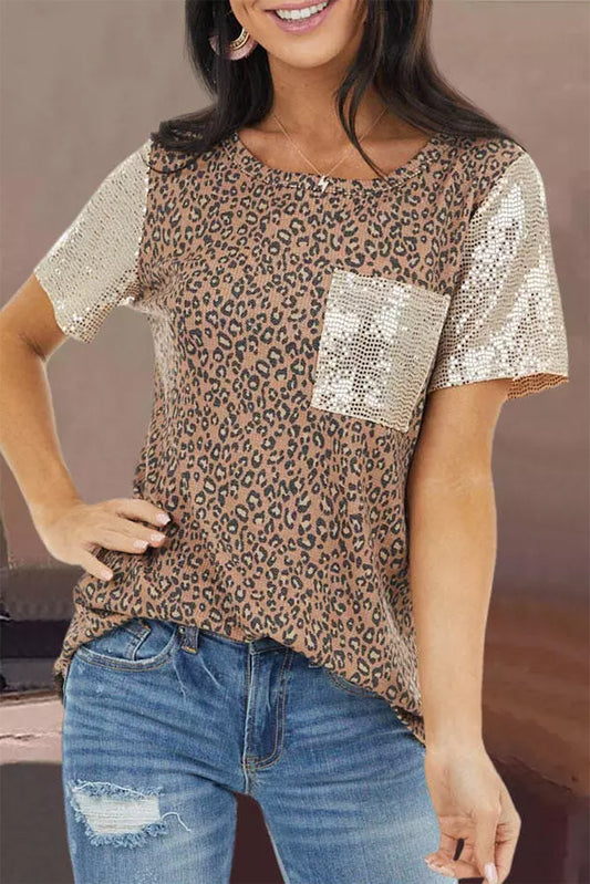 Print Sequin Patchwork Short Sleeve T Shirt