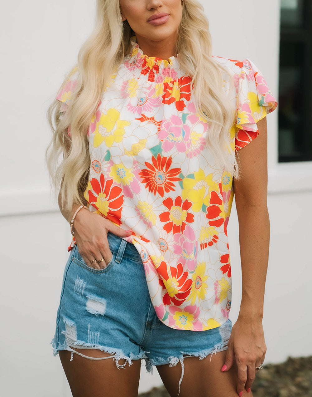 Multicolor Stand Collar Flutter Sleeves Floral Top
