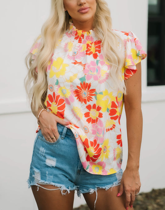 Multicolor Stand Collar Flutter Sleeves Floral Top