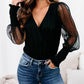 Black Mesh Long Sleeve Surplice Bodysuit