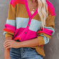 Color Block Knitted Buttoned V Neck Sweater