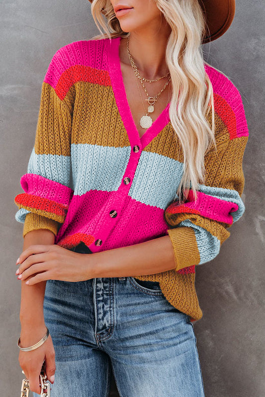 Color Block Knitted Buttoned V Neck Sweater