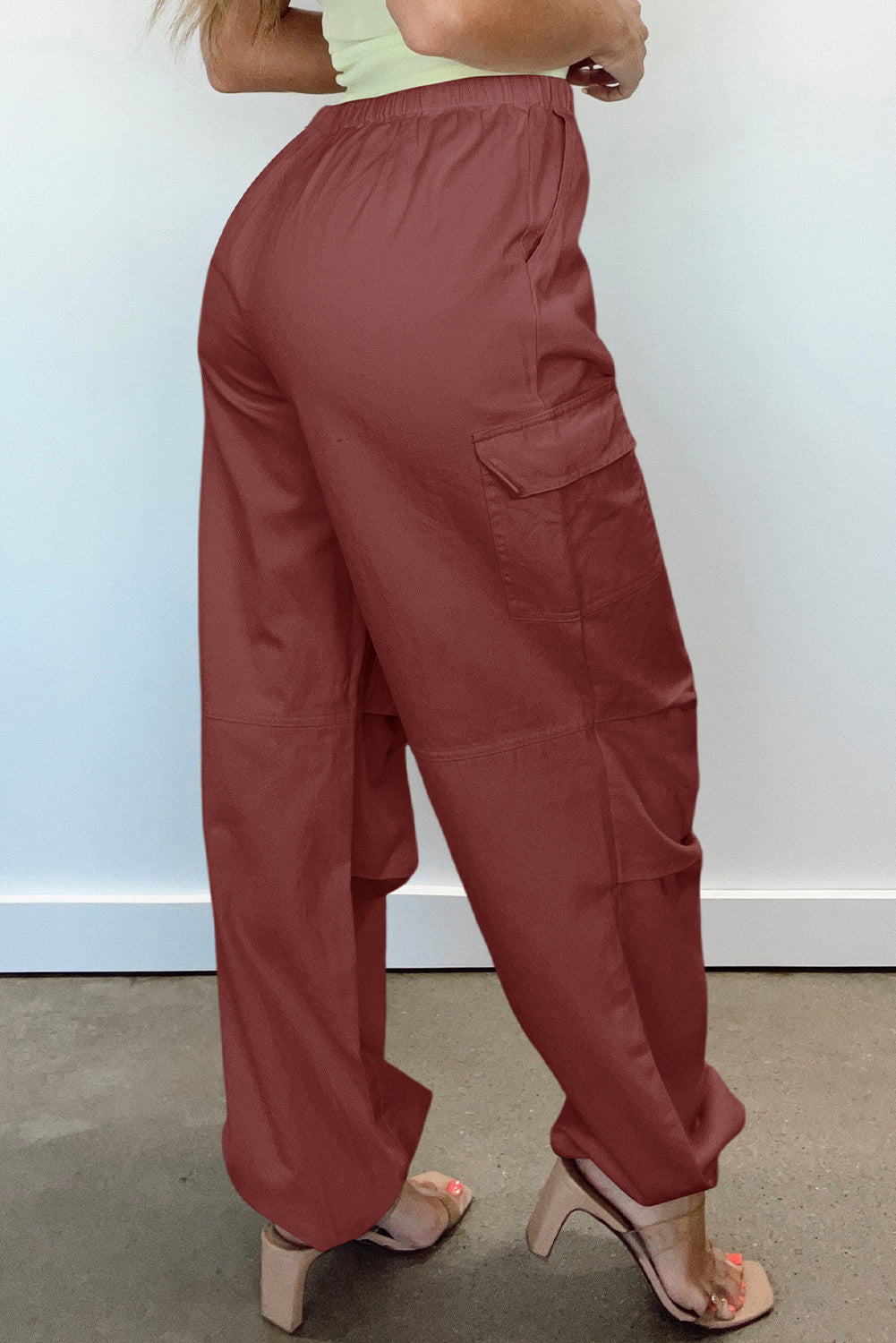 Solid Color Drawstring Waist Wide Leg Cargo Pants