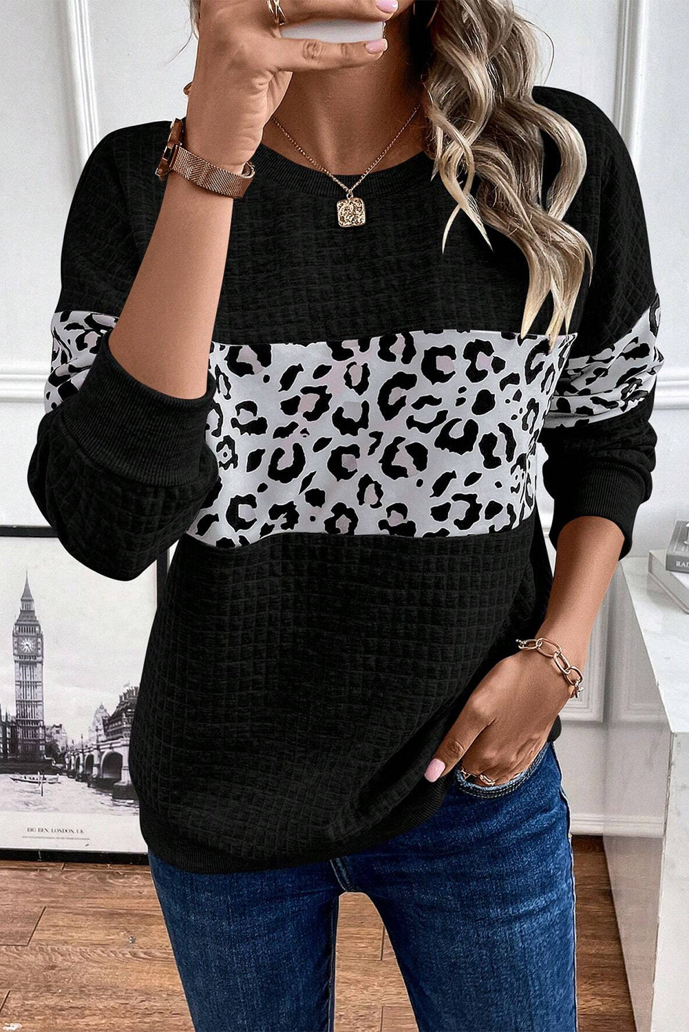 Leopard Quilted Patchwork Crew Neck Sweatshirt