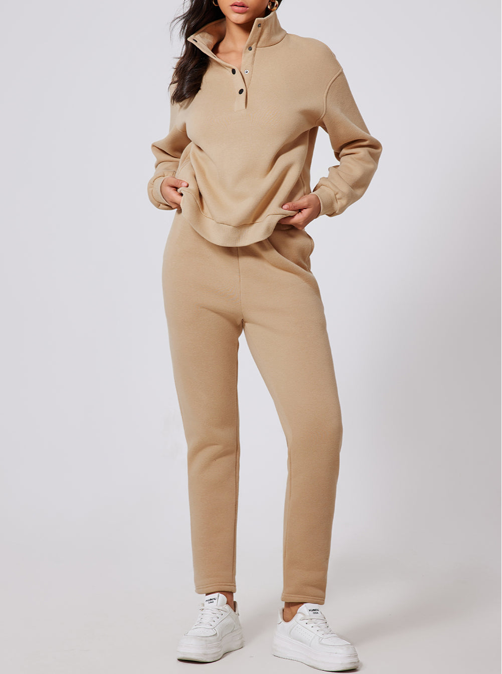 Solid Half Button Sweatshirt and High Waist Sweatpants Set