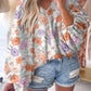 Floral Print V Neck Puffy Lantern Sleeve Blouse