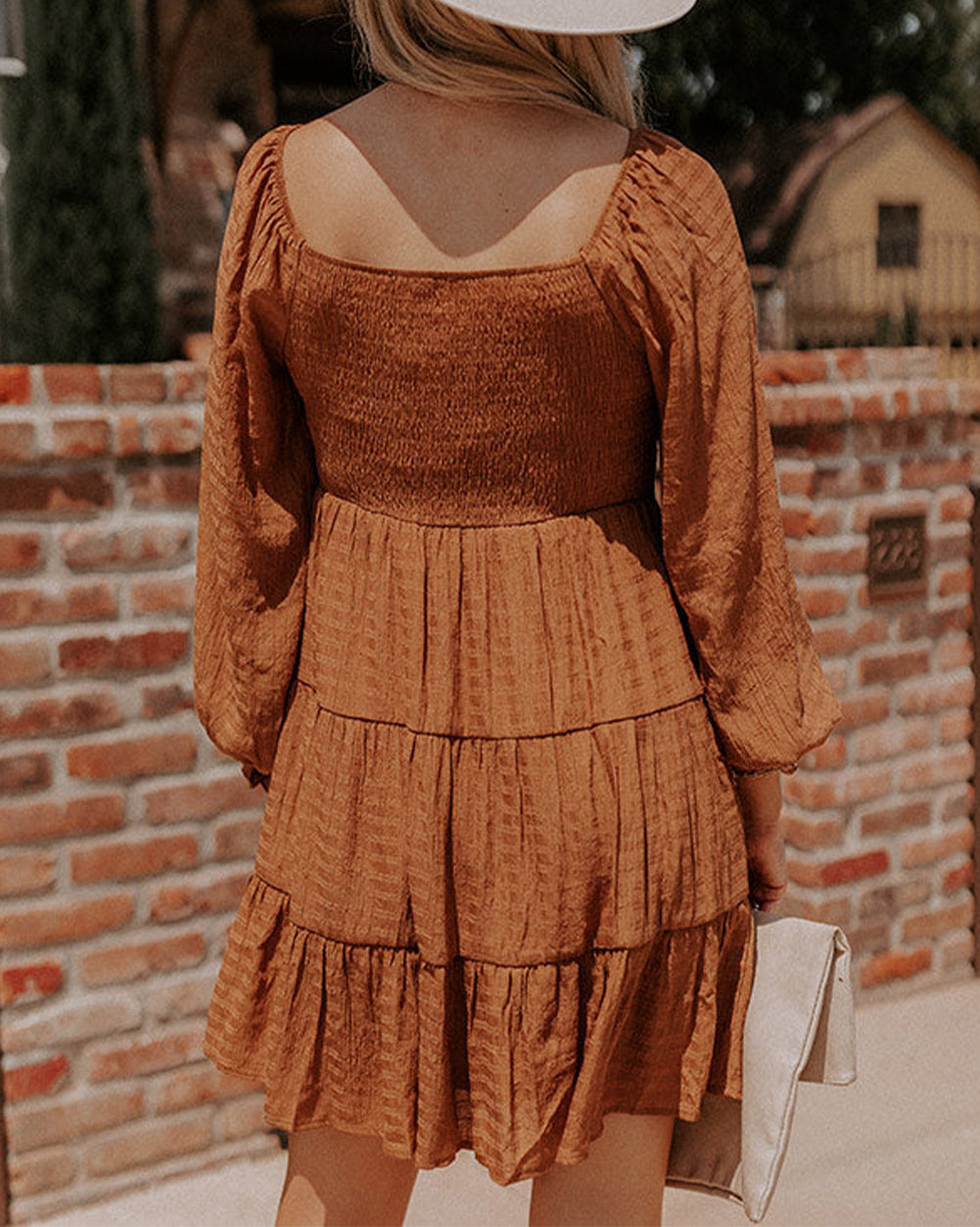 Bishop Sleeve Smocked Tiered Mini Dress