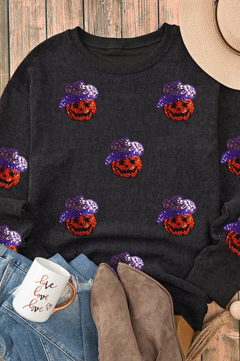 Sequined Halloween Pumpkin Ribbed Oversized Sweatshirt