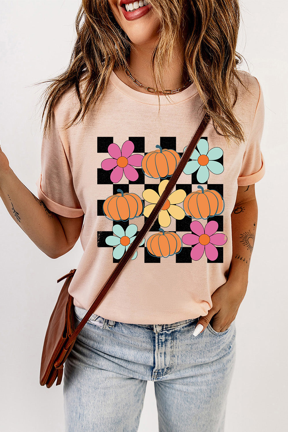 Checkered Floral Pumpkin Graphic Tee