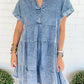 Acid Wash V Neck Tiered Denim Dress