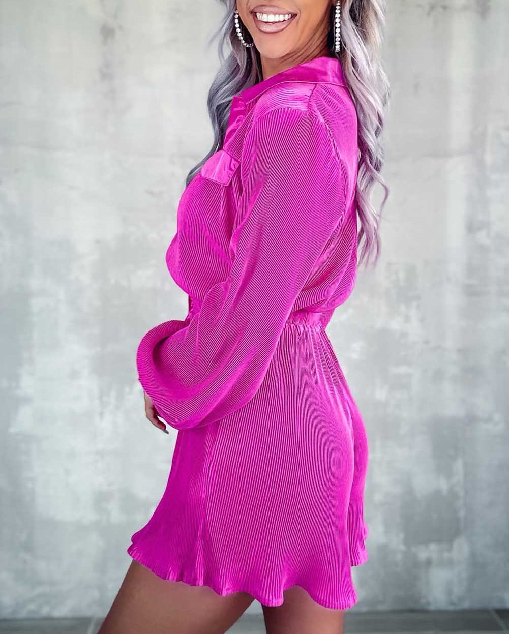 Pleated Long Sleeve Buttoned Drawstring Romper