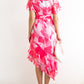 Abstract Print Asymmetric Ruffle Hem Belted Dress