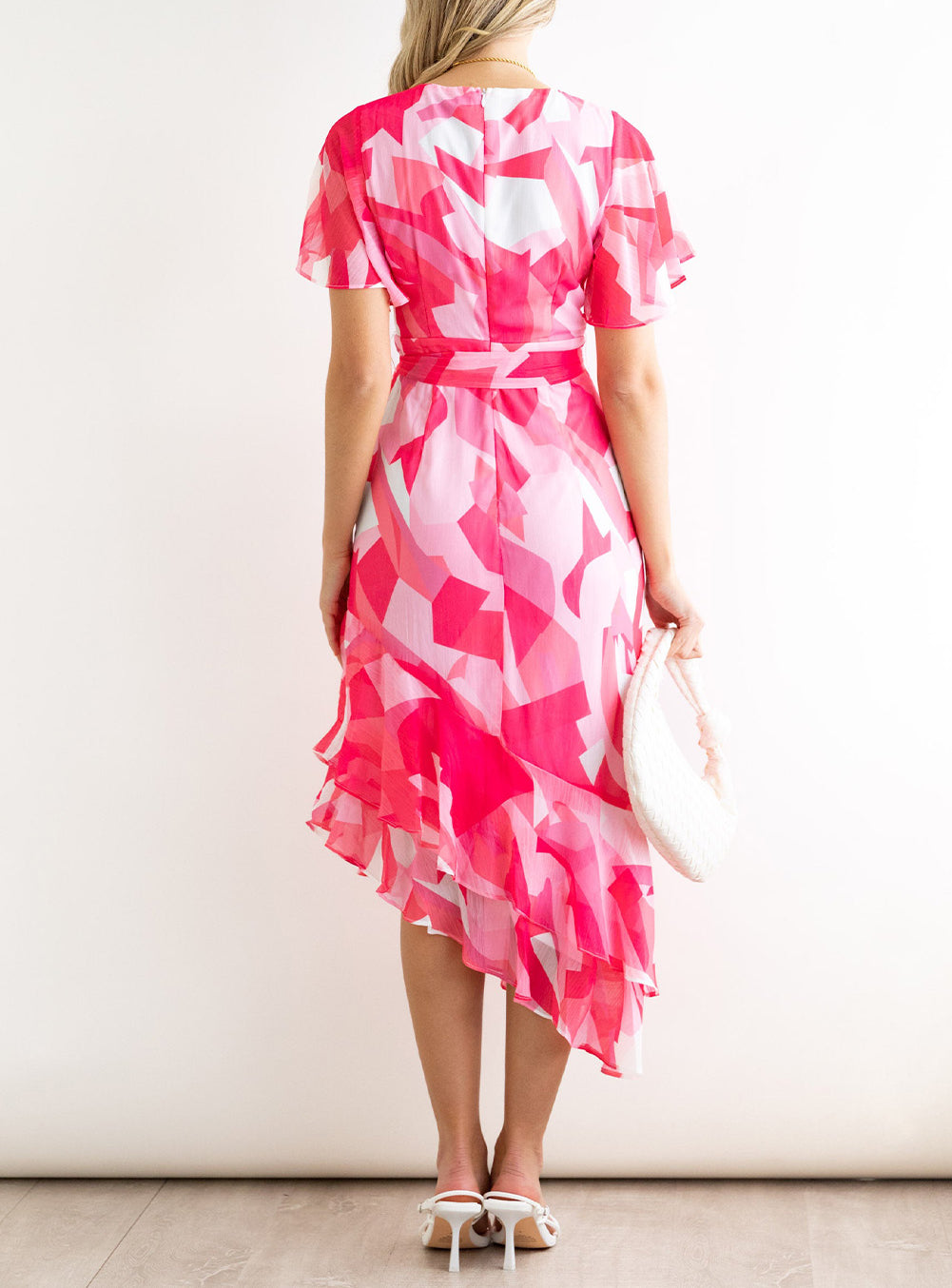 Abstract Print Asymmetric Ruffle Hem Belted Dress