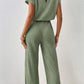 Solid Color Ribbed Short Sleeve Wide Leg Jumpsuit