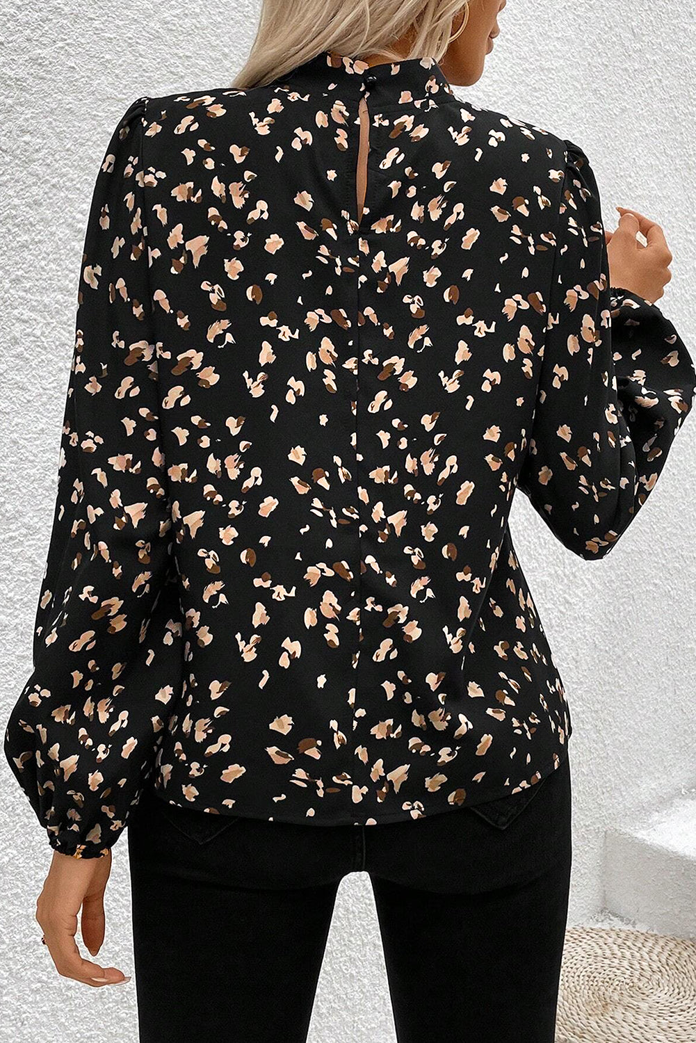 Leopard Print Lantern Sleeve Mock Neck Pleated Blouse