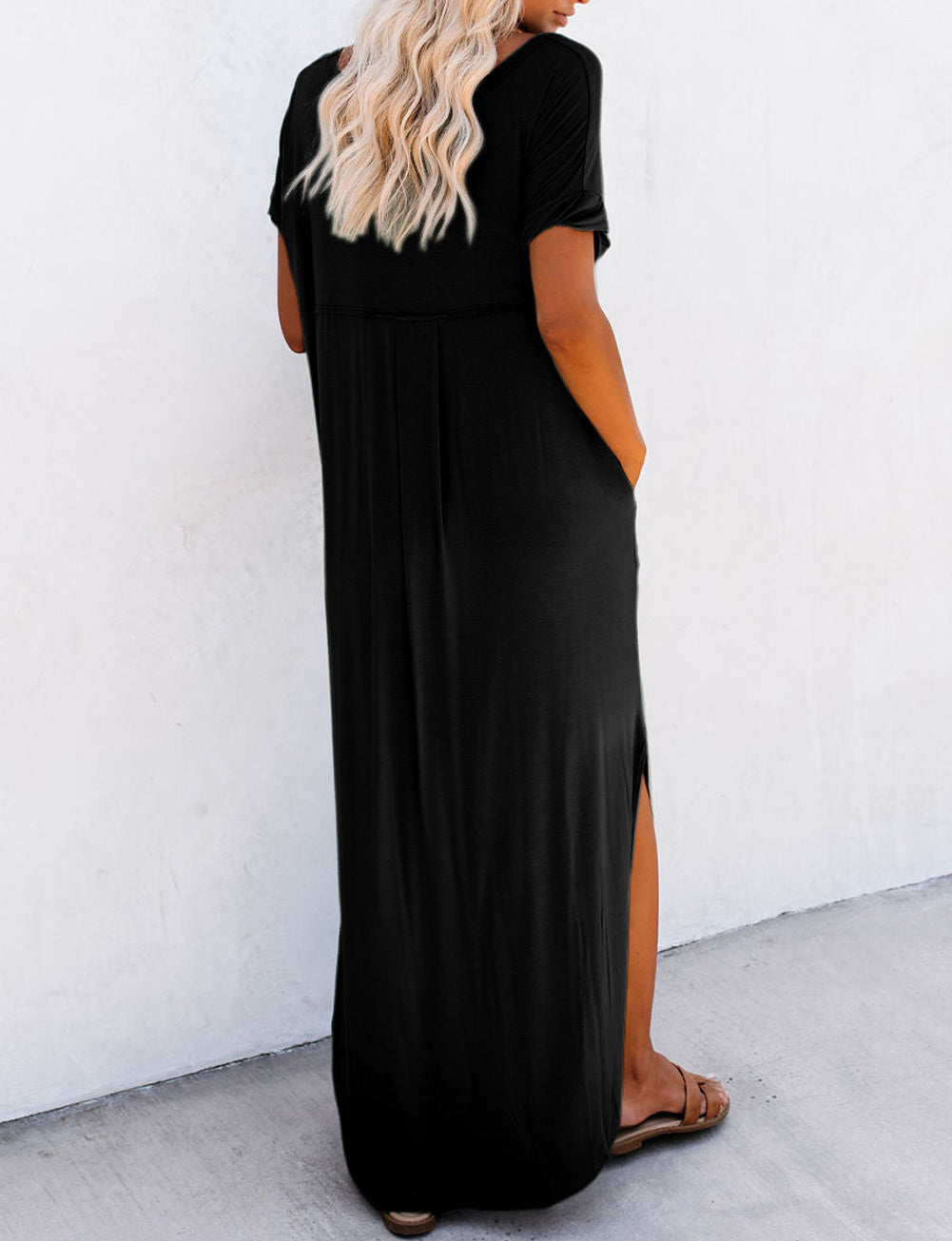 V Neck Hidden Pocket Splits Maxi T-shirt Dress