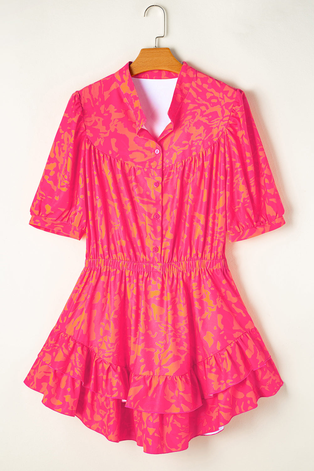 Abstract Print Puff Short Sleeve Ruffled Mini Dress