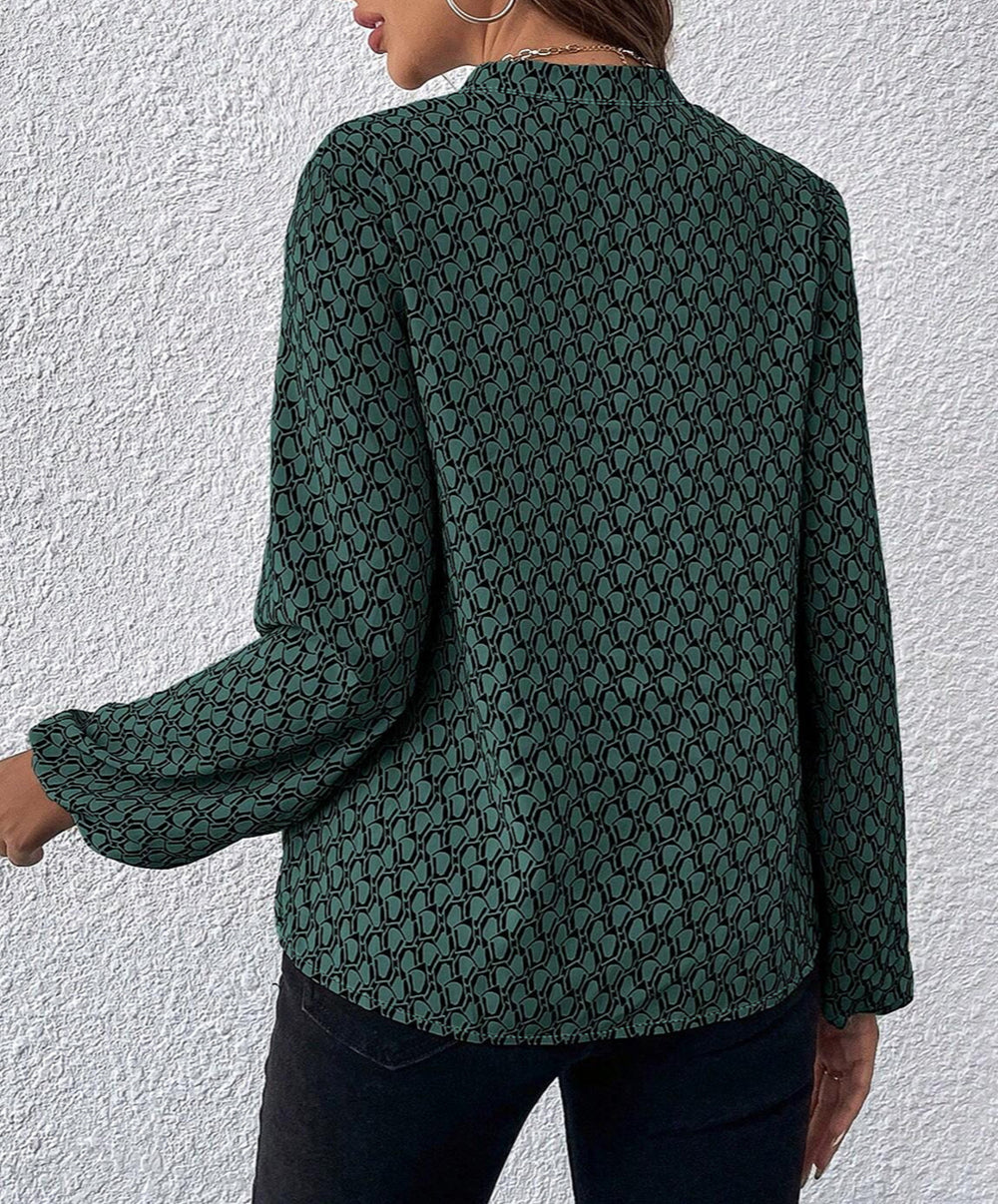 Geometric Print Notched Neck Puff Sleeve Blouse