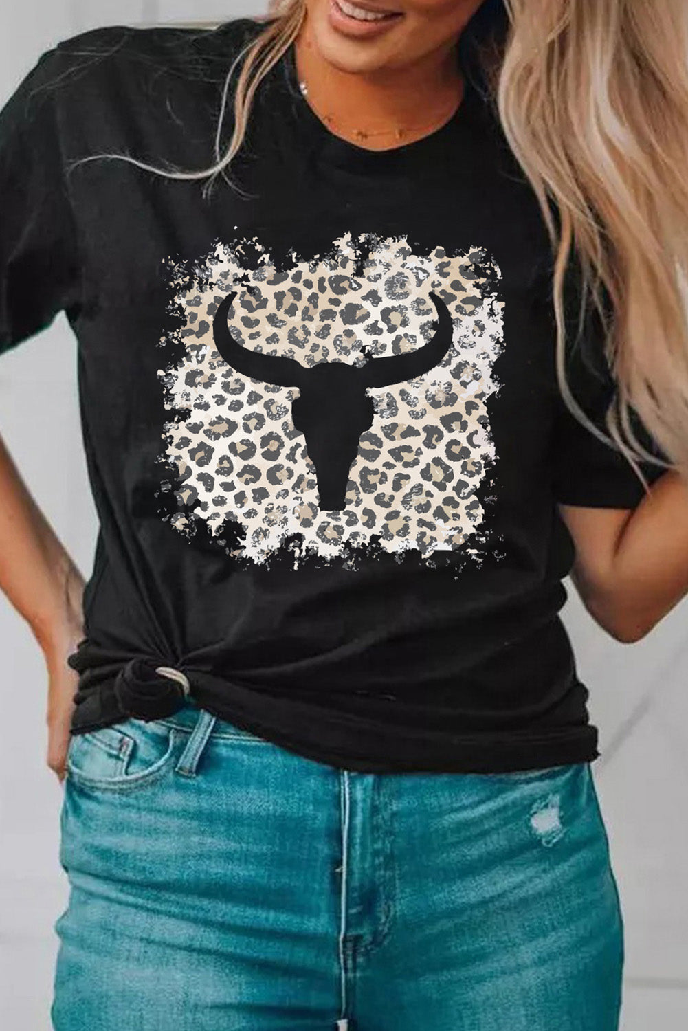 Western Leopard Steer Head Print Casual T Shirt