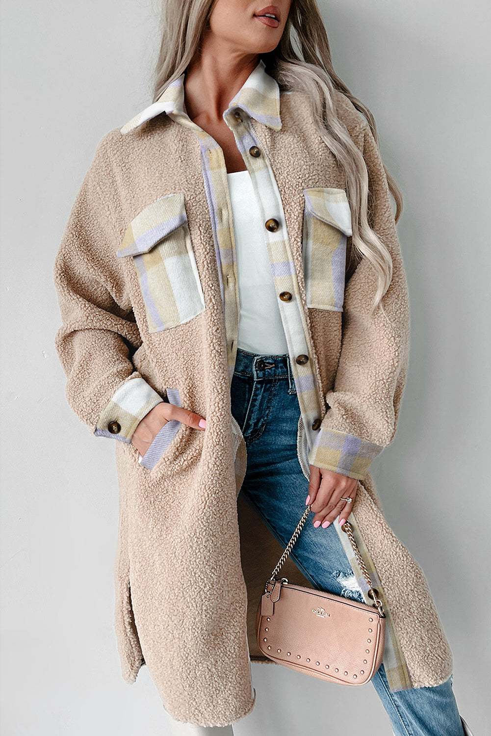 Plaid Patchwork Collared Button-up Sherpa Long Coat