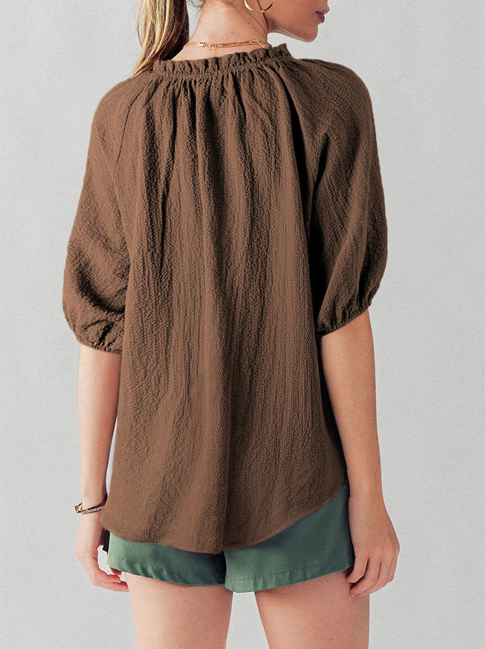 Frill Split Neck Puff Sleeve Crinkle Blouse