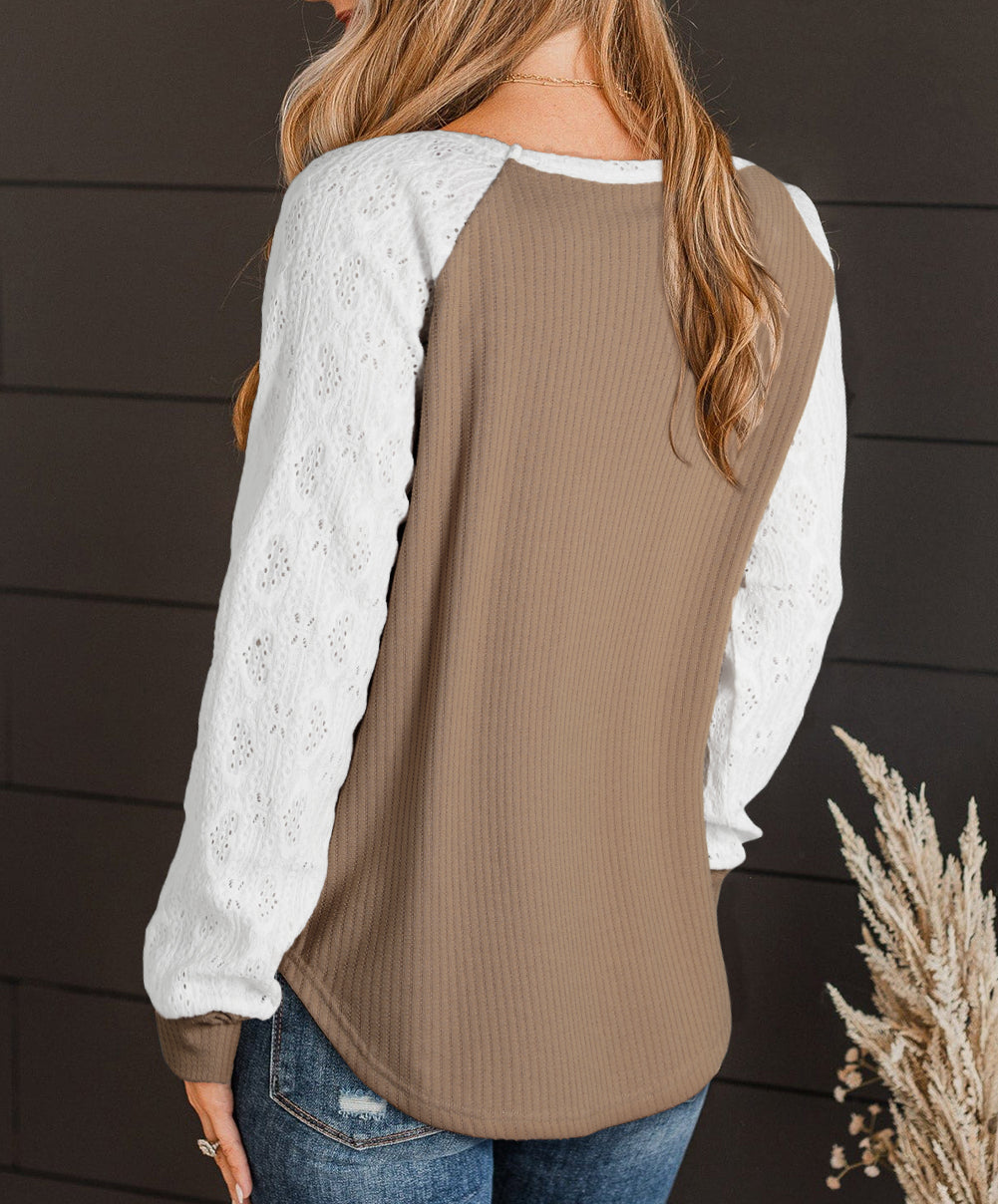 Lace Crochet Patch Long Sleeve Textured Top