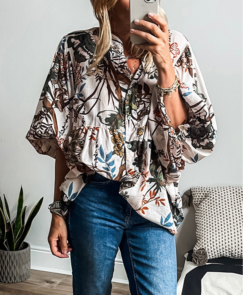 Floral Print Balloon Sleeves Button Up Loose Casual Shirt