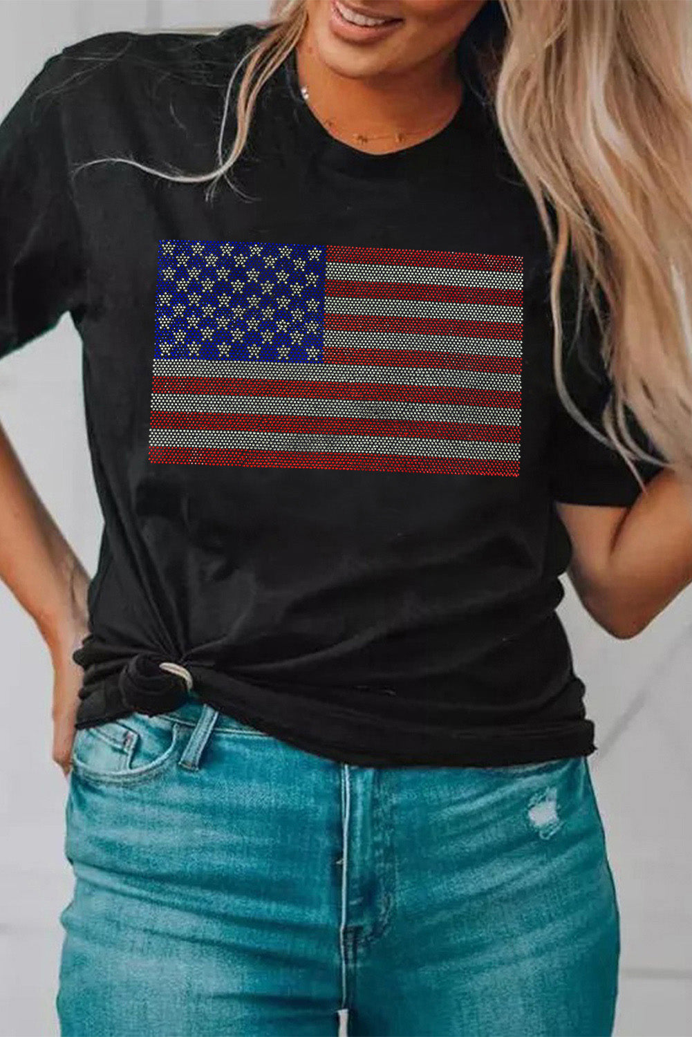 Rhinestone American Flag Round Neck Casual Tee