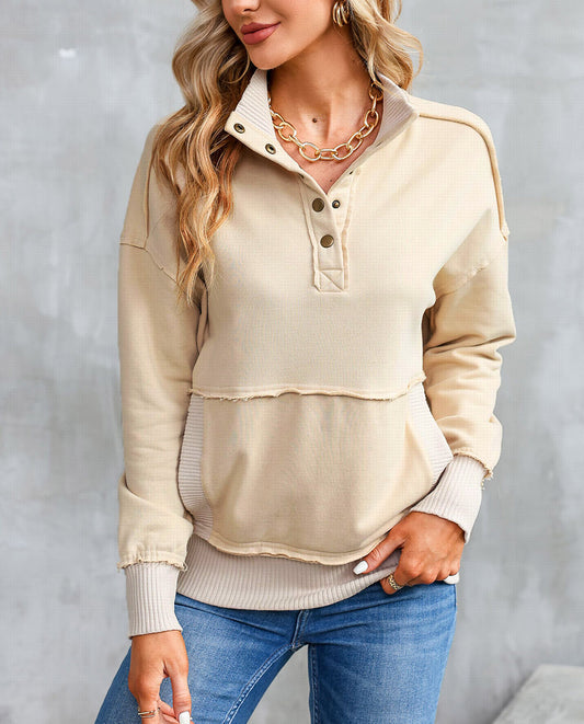 Ribbed Hem Snap Button Neckline Sweatshirt with Pocket