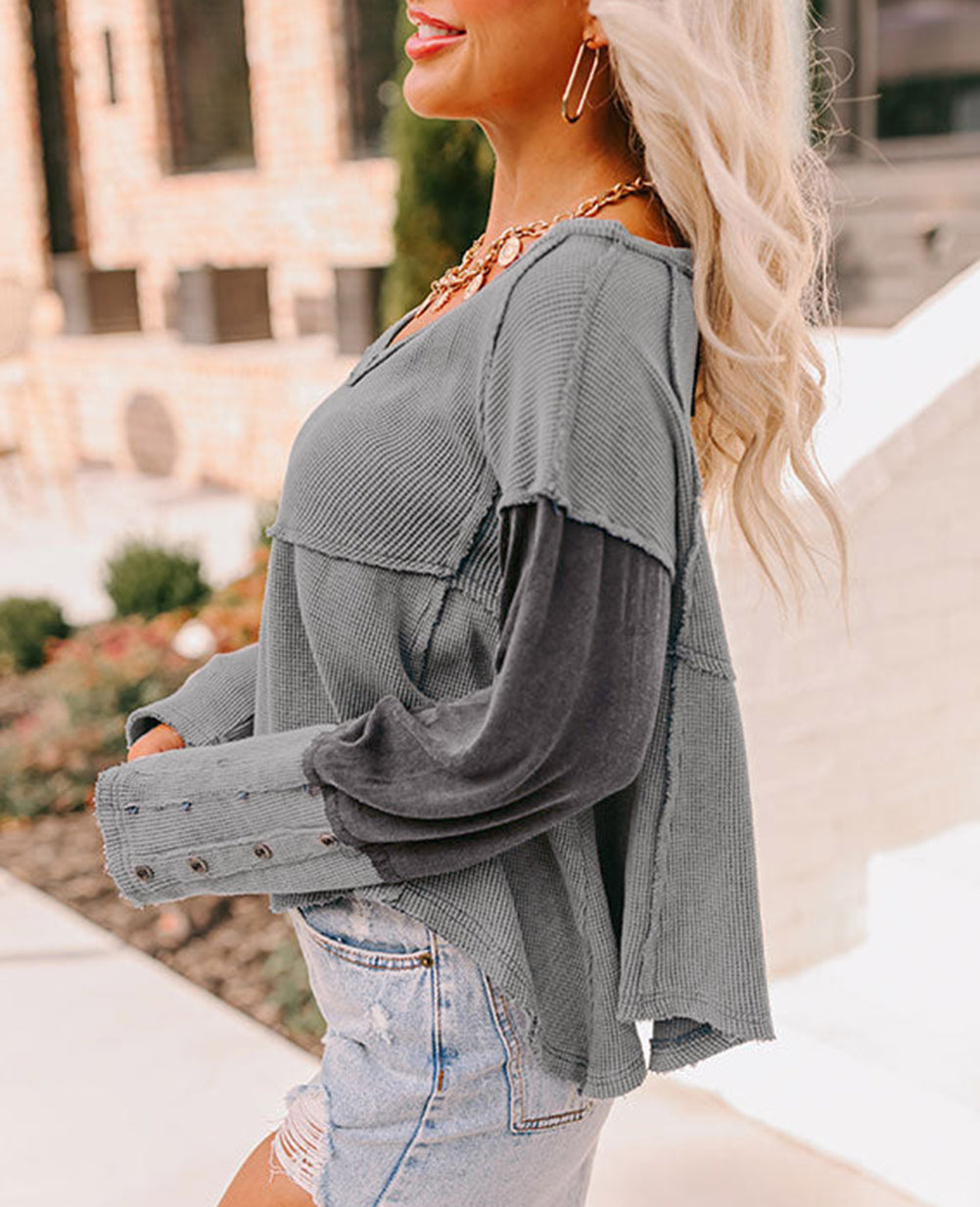 Waffle Knit Button Detail Exposed Seam Flowy Top