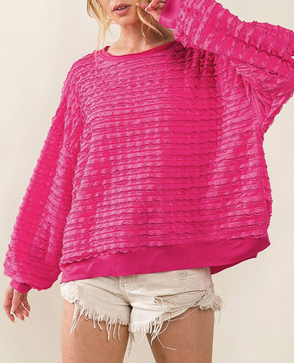 Loose Round Neck Drop Shoulder Textured Top