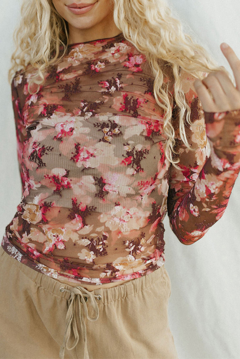 Floral Print Sheer Mesh Long Sleeve Top