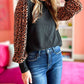 Leopard Print Long Sleeve Ribbed Knit Blouse