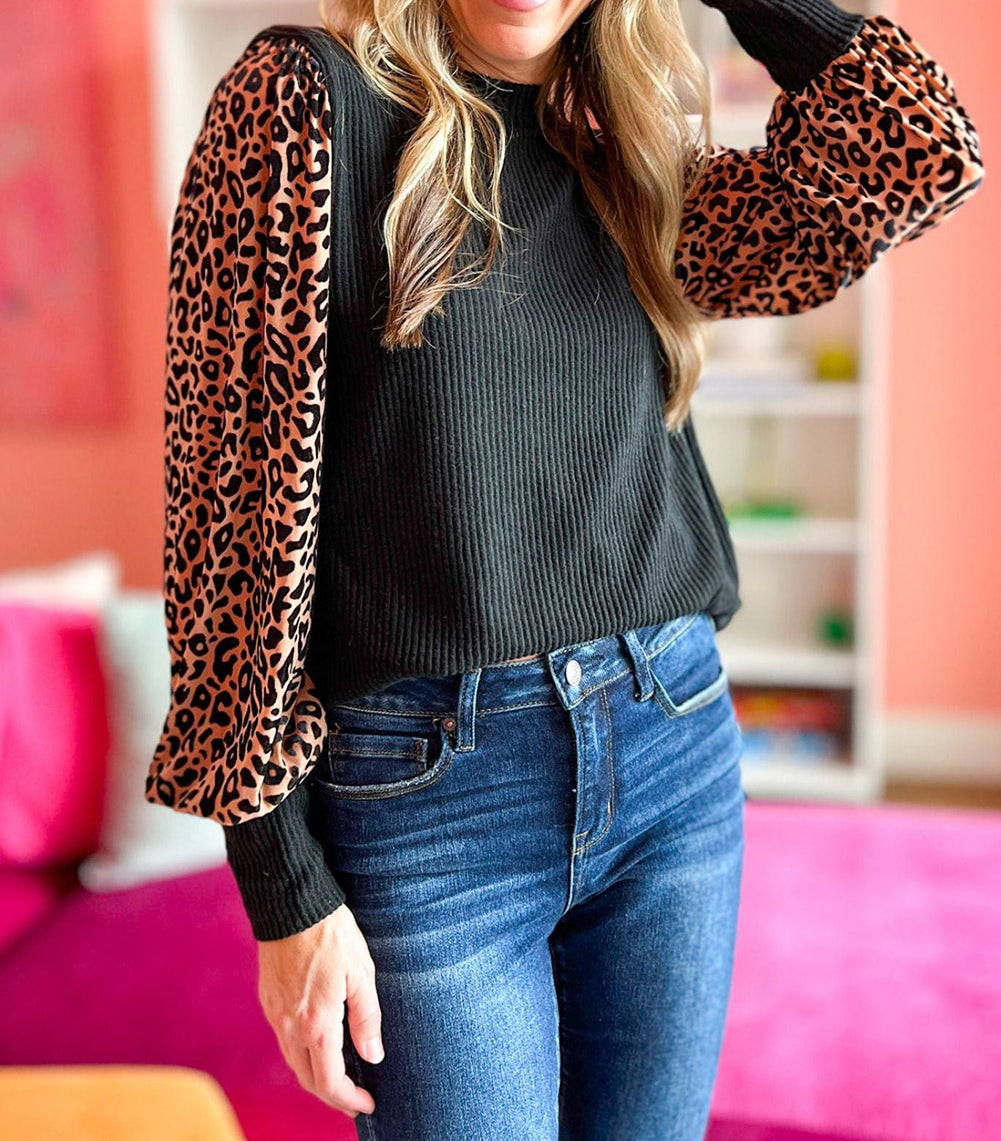 Leopard Print Long Sleeve Ribbed Knit Blouse